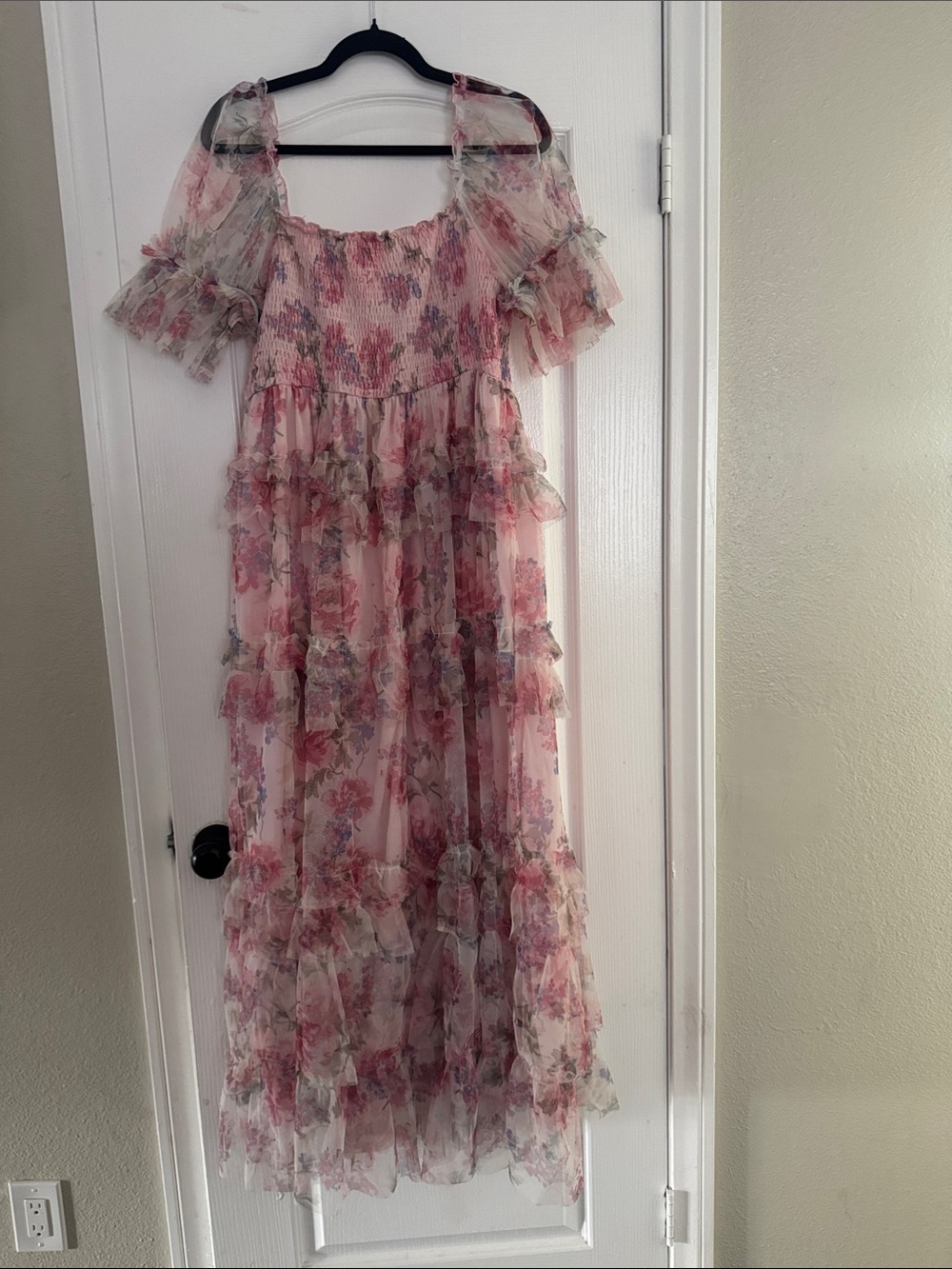 SHEIN Pink Floral Ruffle Tiered Maxi Dress